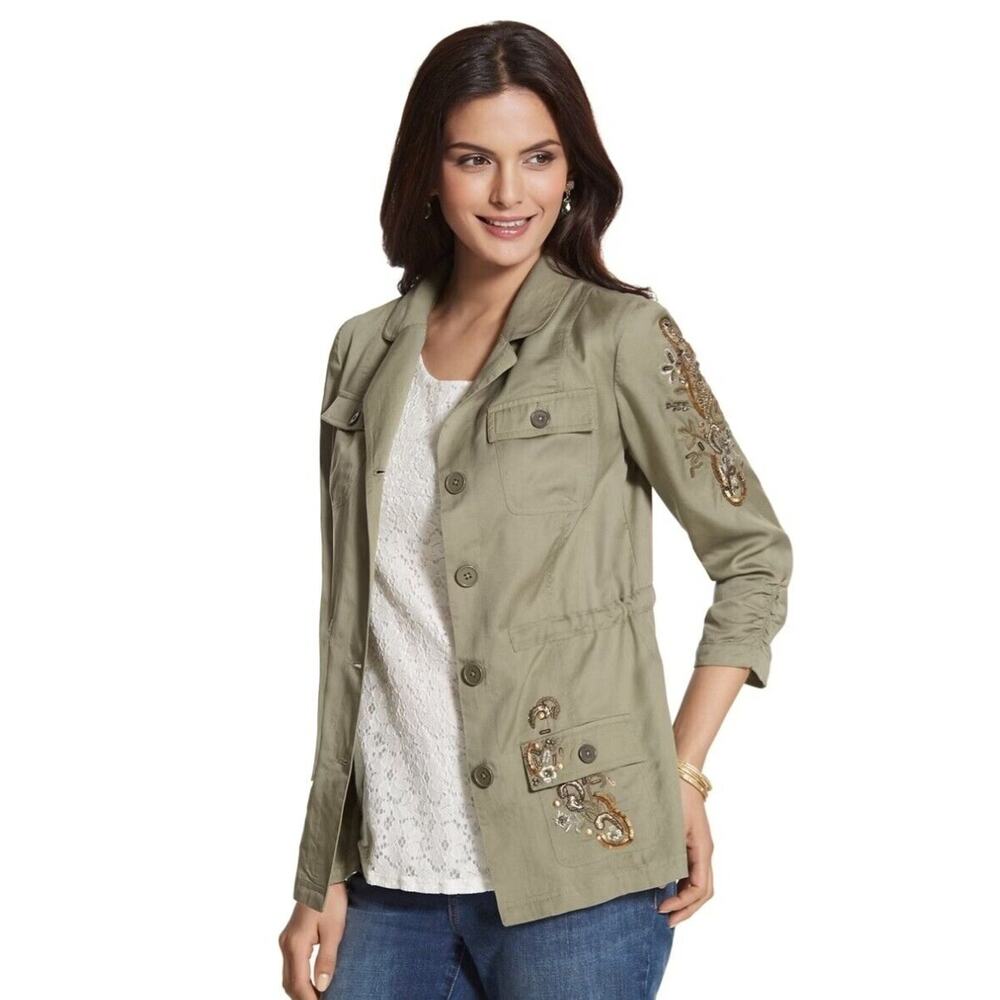 Chico's Artisan Utility Army Jacket Green Sequin Embroidery Detail Linen Large